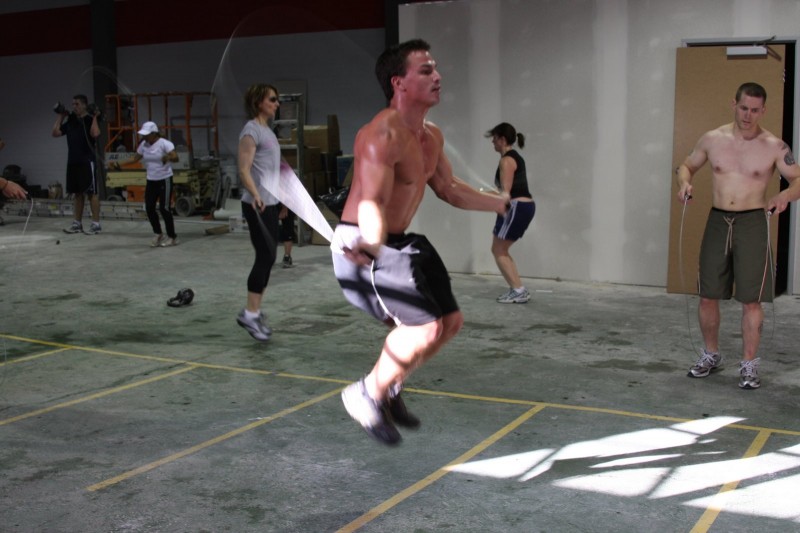 Josh Bridges knocking out double unders (backwards). 